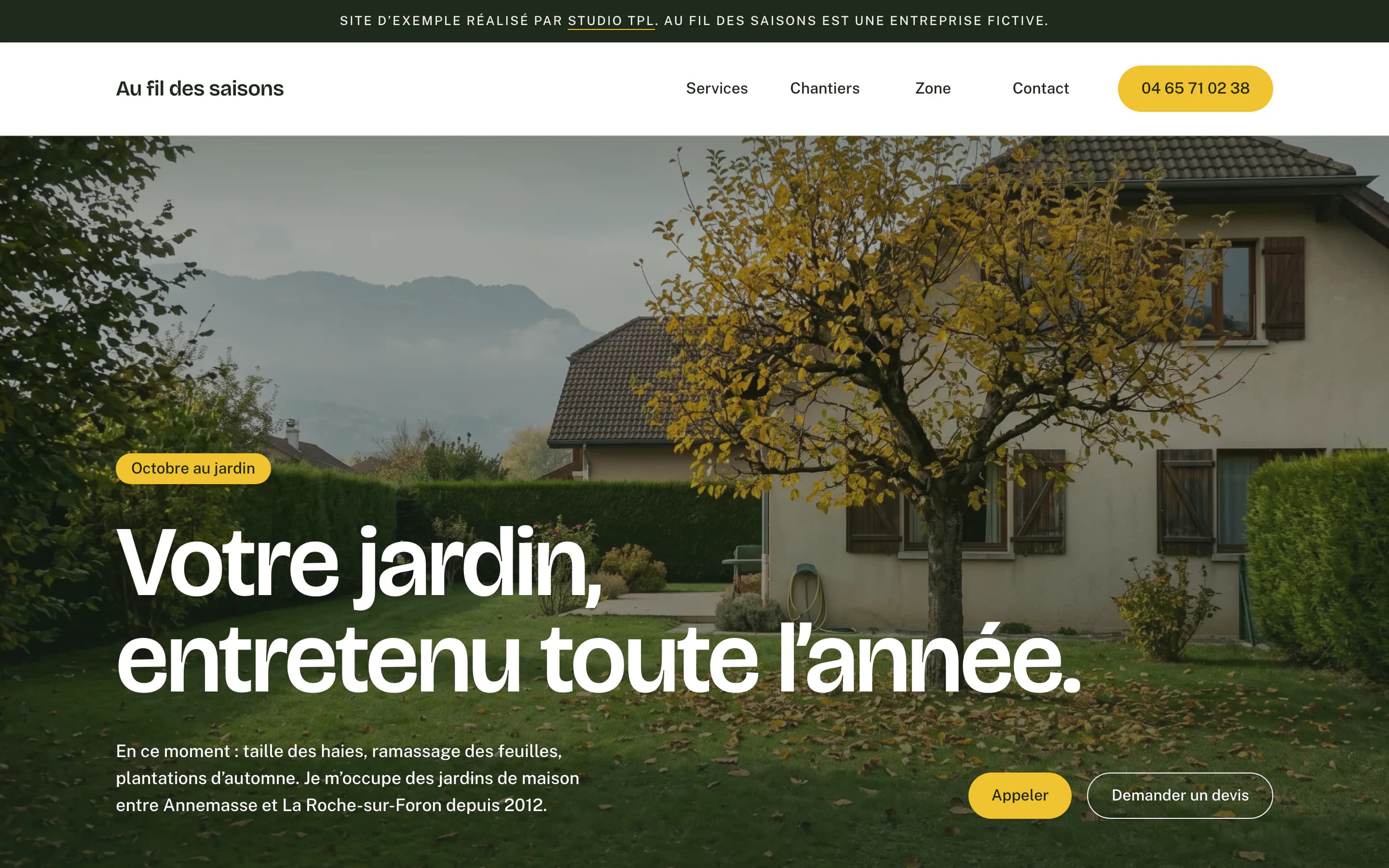 Accueil du site sur ordinateur : « Votre jardin, entretenu toute l'année. » sur une photo de jardin en octobre, avec les travaux du moment et les boutons Appeler et Demander un devis