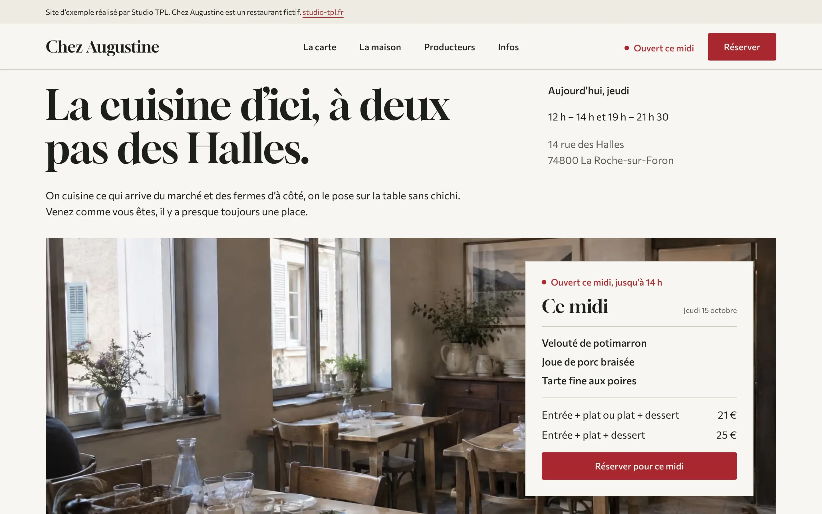 Accueil du site sur ordinateur : « La cuisine d'ici, à deux pas des Halles. » au-dessus d'une photo de la salle, avec « Ouvert ce midi » et le menu du jour