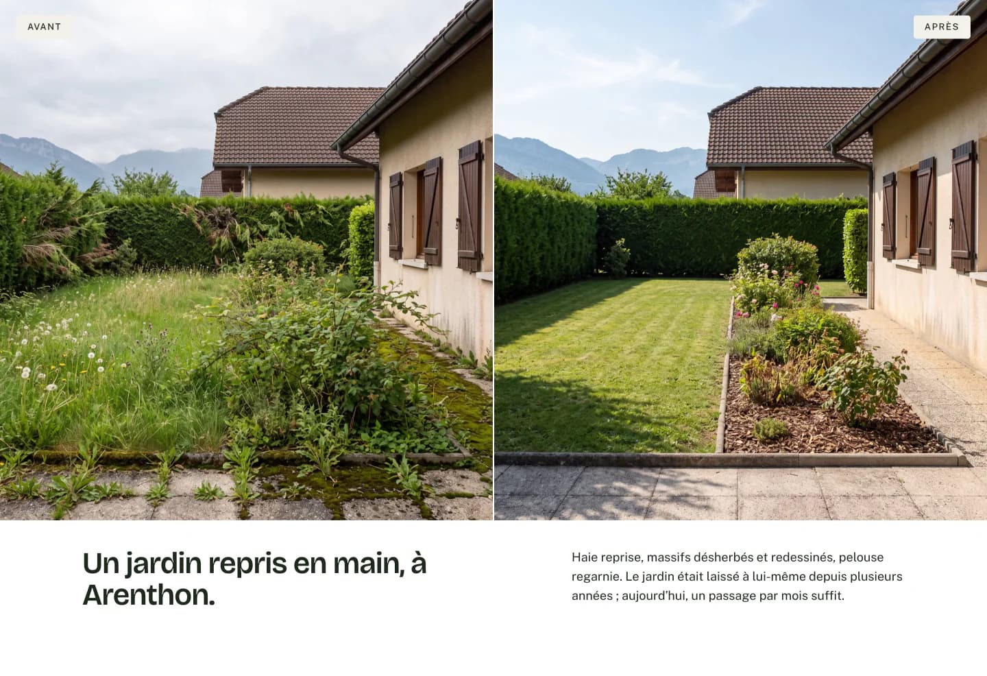 Curseur avant / après : un jardin envahi par les herbes à gauche, le même jardin avec pelouse tondue et massif redessiné à droite