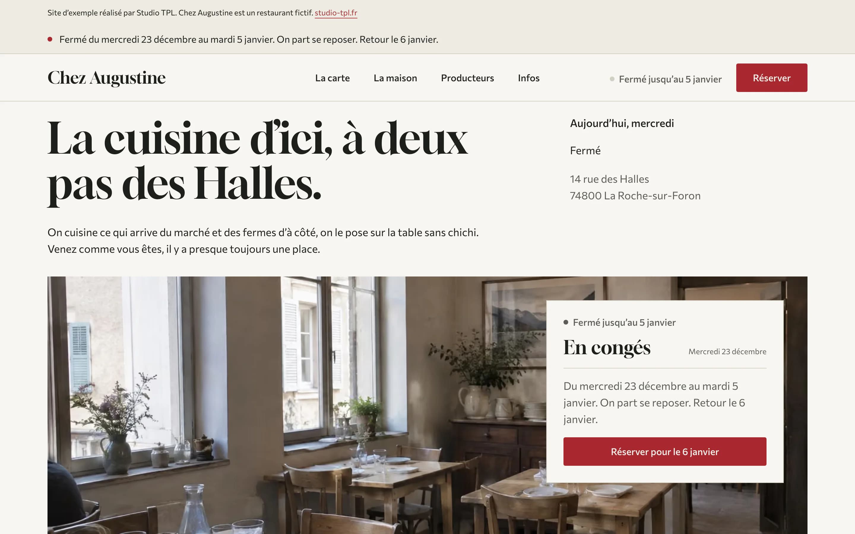 Accueil pendant les congés d'hiver : bandeau « Fermé du mercredi 23 décembre au mardi 5 janvier » et carte « En congés » avec le bouton Réserver pour le 6 janvier