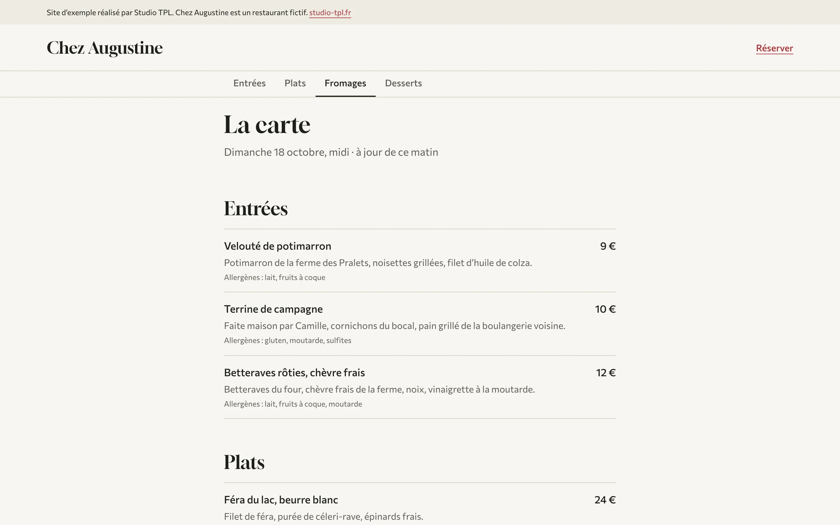 La carte du bistrot sur ordinateur : entrées avec leur prix et leurs allergènes, et la navigation par catégorie