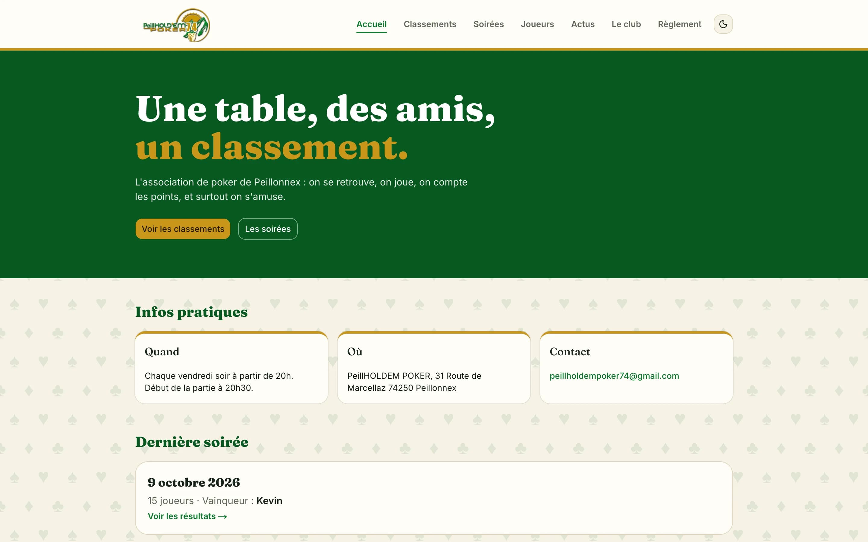 Accueil du site sur ordinateur : « Une table, des amis, un classement. », infos pratiques et dernière soirée